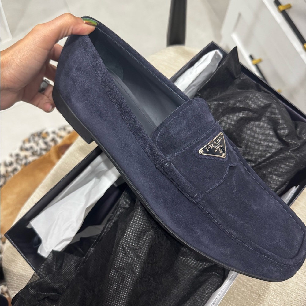 Prada Men's Dark Blue Suede Loafers